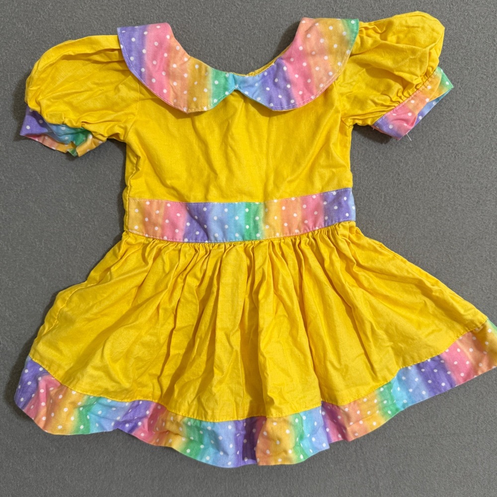 Vintage Handmade Yellow‎ Rainbow Polka Dot Peter Pan Collar Puffed Sleeve Dress